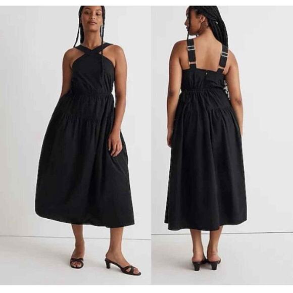 Madewell Dress Womens 6‎ Black Poplin Halter Tiered Midi Drawstring Waist Boho - Picture 1 of 9